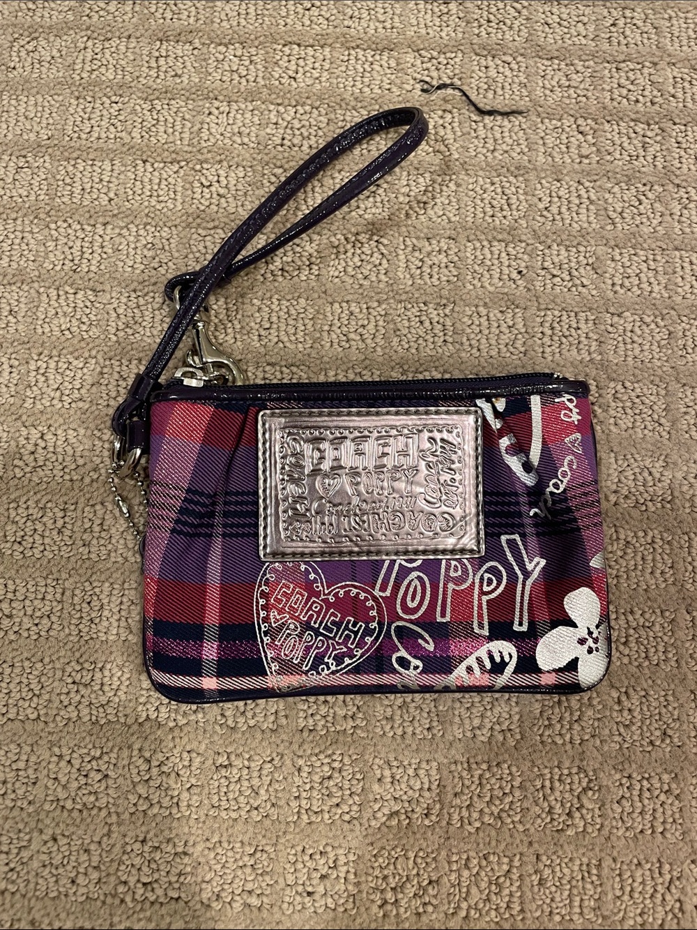 Coach Poppy Plaid Wristlet in Pink, Silver & Purple
